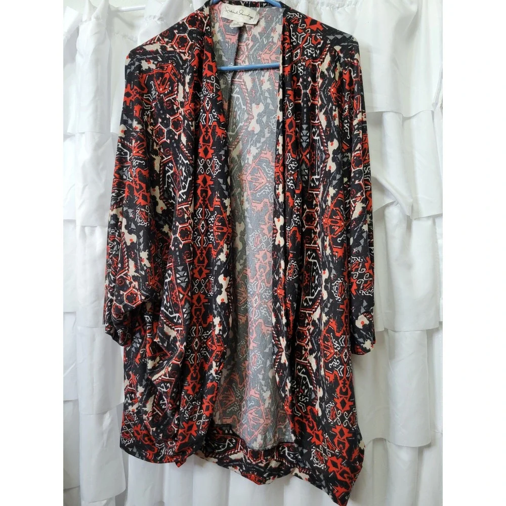 French Laundry Womens 2X Cardigan Red Black Tribal Geometric Open Front 1600
